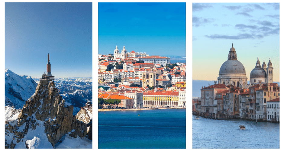 Photomontage de Chamonix, Lisbonne et Venise pour y aller en jet privé.